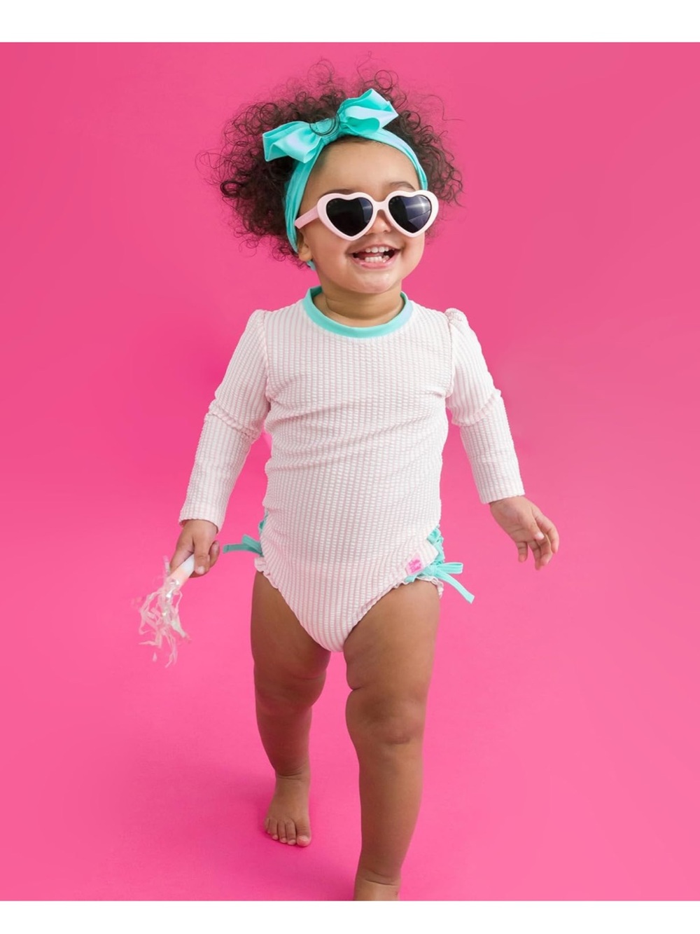 NEW Ruffle Butts Seersucker Pink Long Sleeve Swimsuit One Piece 18-24 Months